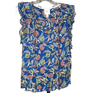 Knox Rose Size Small Blue Semi-Sheer Sleeveless Blouse Bohemian flowy colorful‎